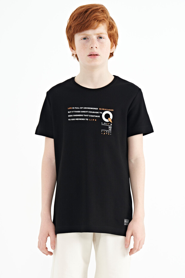 Siyah Baskı Detaylı O Yaka Standart Kalıp Erkek Çocuk T-Shirt - 11145