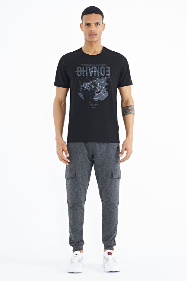 Siyah Baskı Detaylı O Yaka Standart Kalıp Erkek T-Shirt - 88214