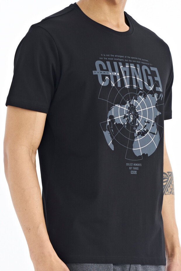 Siyah Baskı Detaylı O Yaka Standart Kalıp Erkek T-Shirt - 88214