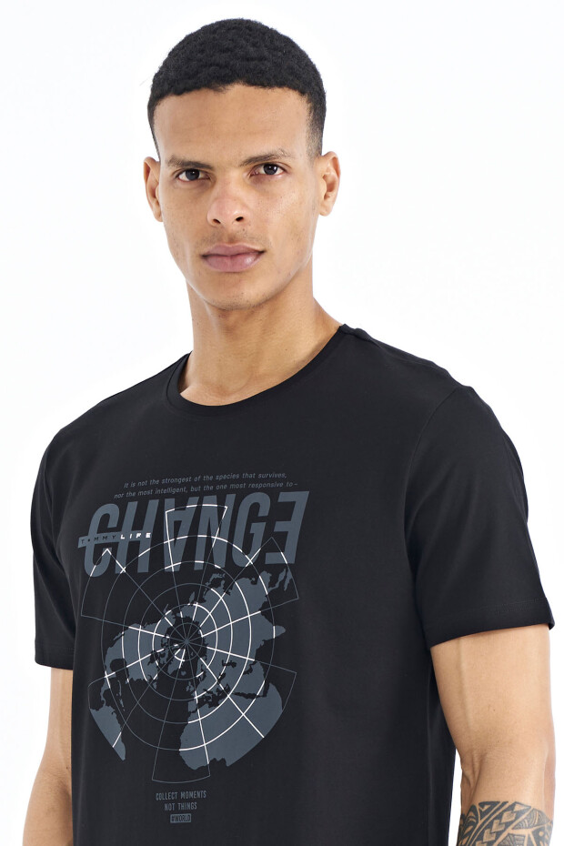 Siyah Baskı Detaylı O Yaka Standart Kalıp Erkek T-Shirt - 88214