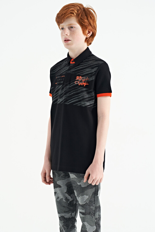 Siyah Baskı Detaylı Pola Yaka Standart Kalıp Erkek Çocuk T-Shirt - 11161