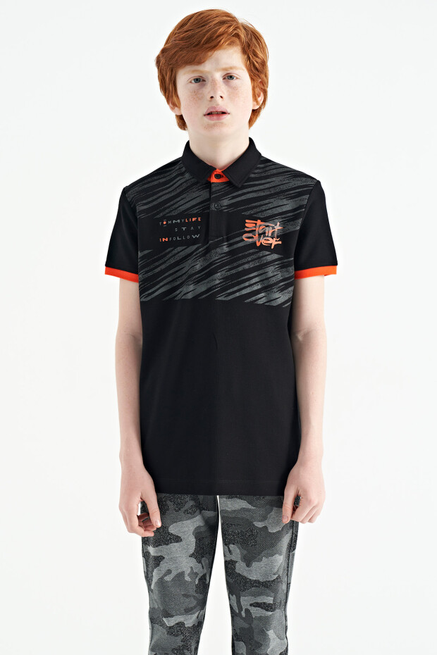 Siyah Baskı Detaylı Pola Yaka Standart Kalıp Erkek Çocuk T-Shirt - 11161