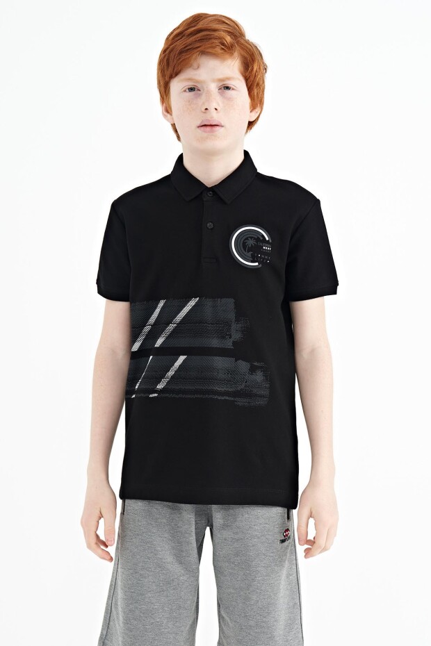 Siyah Baskı Detaylı Polo Yaka Standart Kalıp Erkek Çocuk T-Shirt - 11094