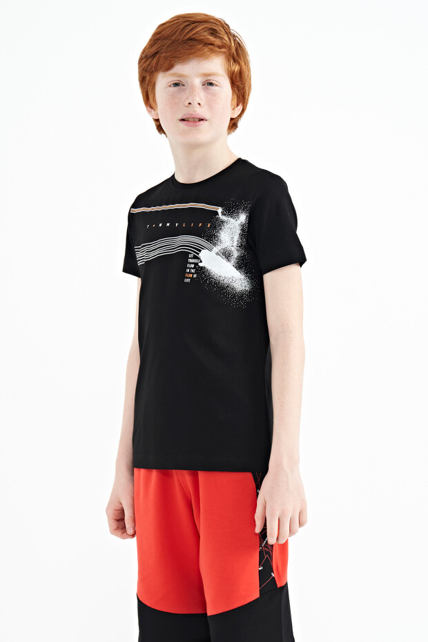 Siyah Baskı Detaylı Standart Kalıp O Yaka Erkek Çocuk T-Shirt - 11133