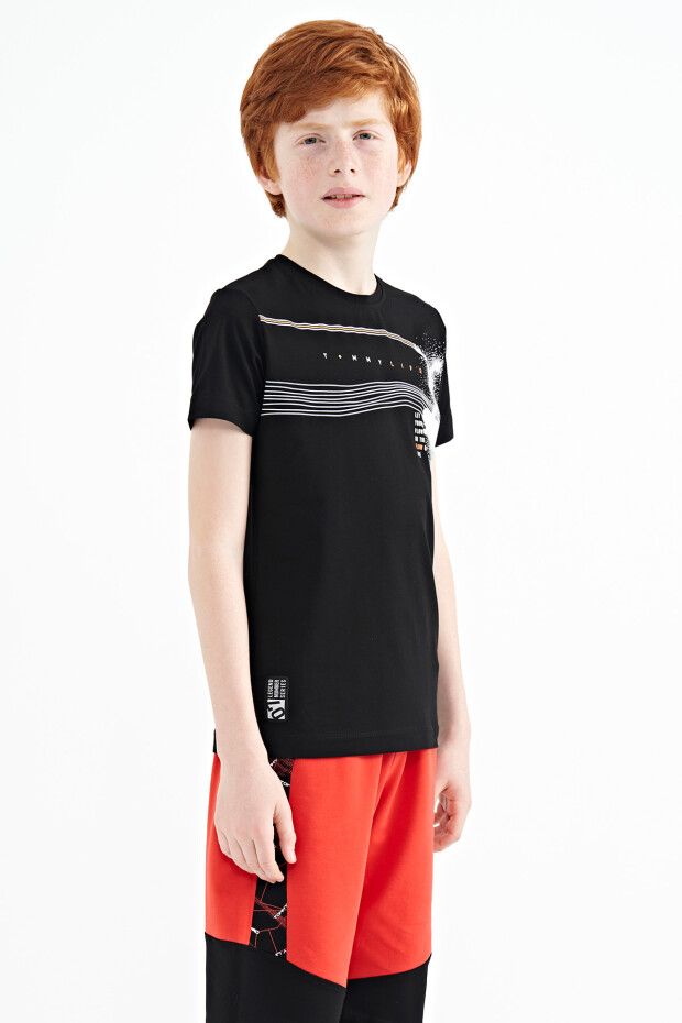 Siyah Baskı Detaylı Standart Kalıp O Yaka Erkek Çocuk T-Shirt - 11133