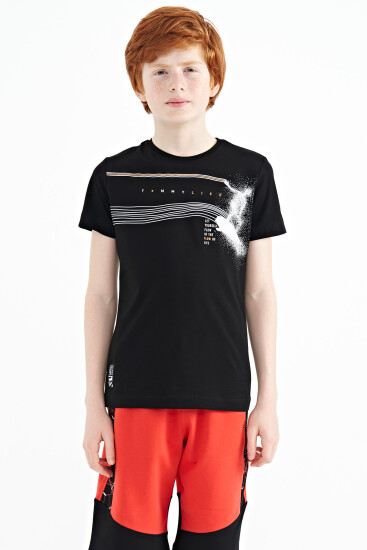 Siyah Baskı Detaylı Standart Kalıp O Yaka Erkek Çocuk T-Shirt - 11133 
