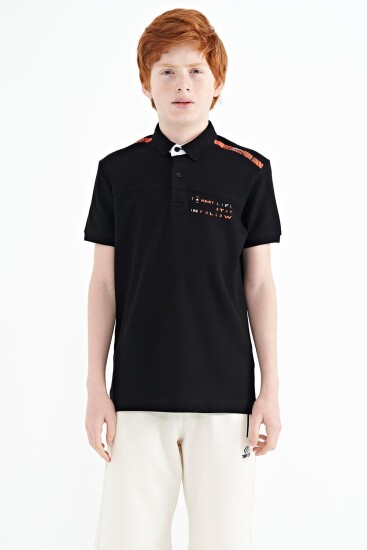 Siyah Baskı Detaylı Standart Kalıp Polo Yaka Erkek Çocuk T-Shirt - 11140 