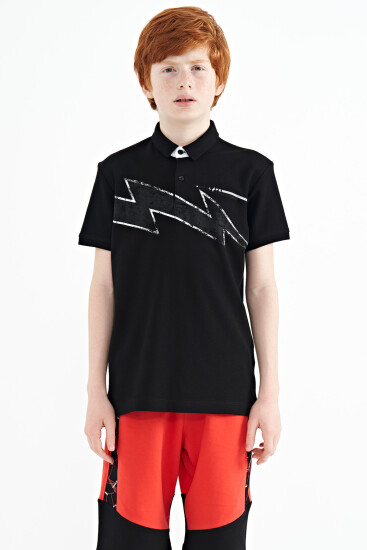 Siyah Baskı Detaylı Standart Kalıp Polo Yaka Erkek Çocuk T-Shirt - 11154 - Thumbnail