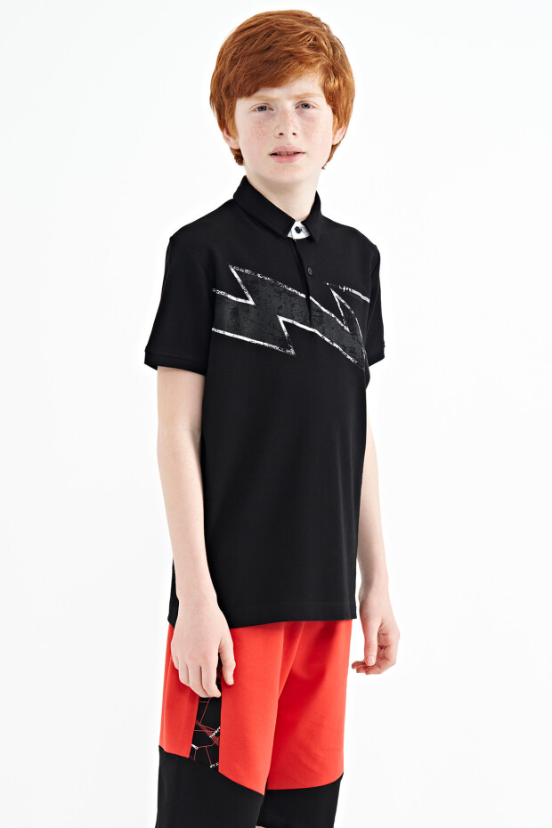Siyah Baskı Detaylı Standart Kalıp Polo Yaka Erkek Çocuk T-Shirt - 11154