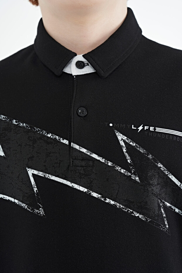 Siyah Baskı Detaylı Standart Kalıp Polo Yaka Erkek Çocuk T-Shirt - 11154