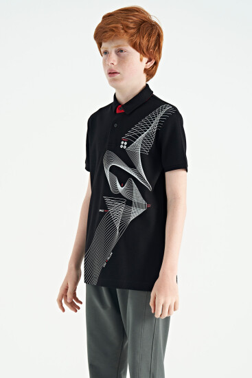 Siyah Baskı Detaylı Standart Kalıp Polo Yaka Erkek Çocuk T-Shirt - 11164 - Thumbnail