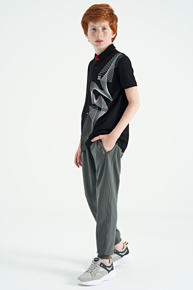Siyah Baskı Detaylı Standart Kalıp Polo Yaka Erkek Çocuk T-Shirt - 11164