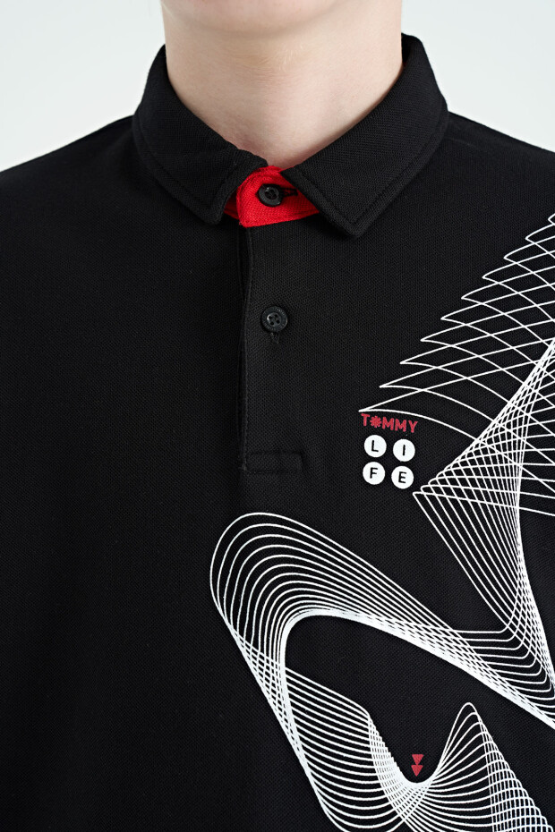 Siyah Baskı Detaylı Standart Kalıp Polo Yaka Erkek Çocuk T-Shirt - 11164