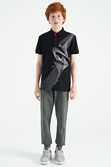 Siyah Baskı Detaylı Standart Kalıp Polo Yaka Erkek Çocuk T-Shirt - 11164 - Thumbnail