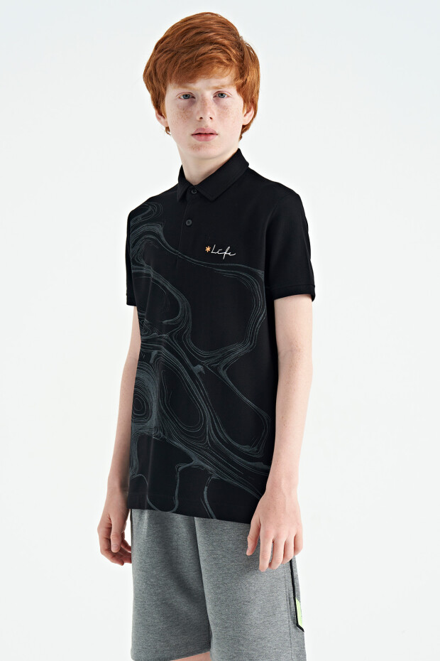 Siyah Baskı Detaylı Standart Kalıp Polo Yaka Erkek Çocuk T-Shirt - 11165