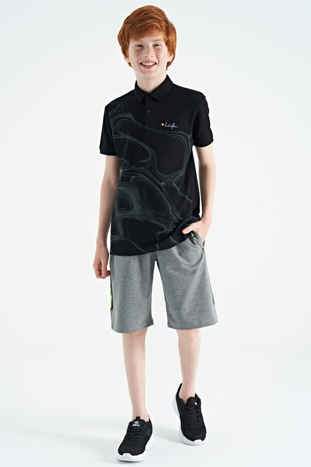 Siyah Baskı Detaylı Standart Kalıp Polo Yaka Erkek Çocuk T-Shirt - 11165