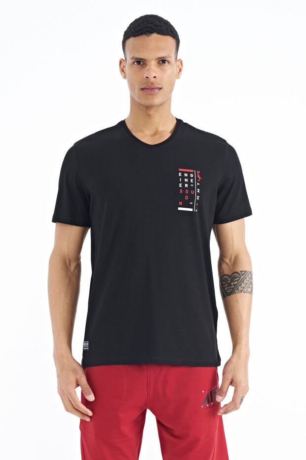 Siyah Baskı Detaylı V Yaka Standart Kalıp Erkek T-Shirt - 88186