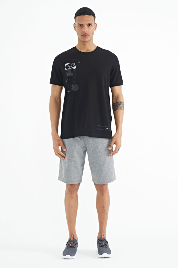 Siyah Baskı O Yaka Detaylı Standart Form Erkek T-shirt - 88216