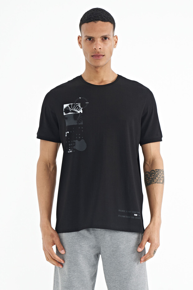 Siyah Baskı O Yaka Detaylı Standart Form Erkek T-shirt - 88216