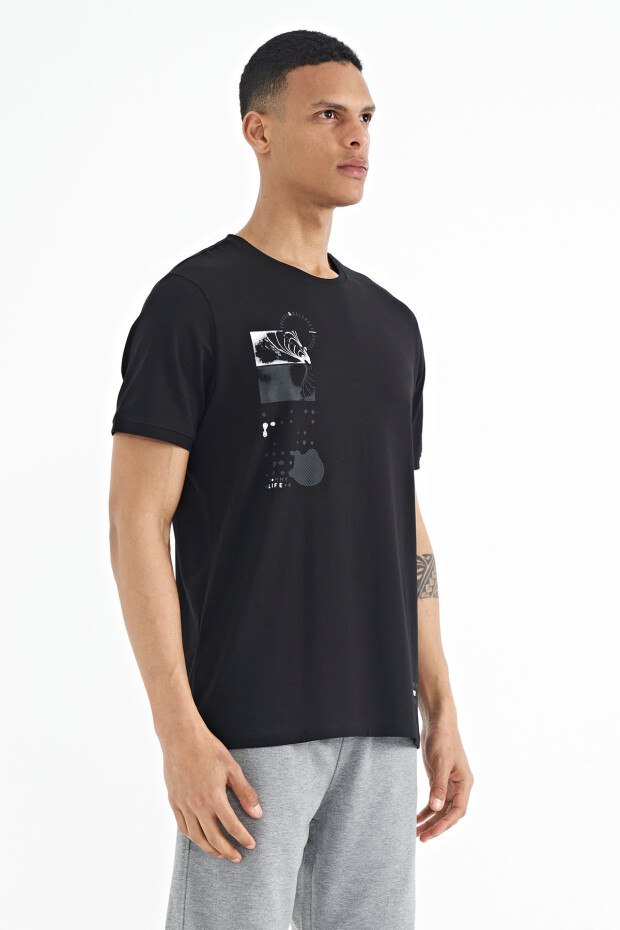 Siyah Baskı O Yaka Detaylı Standart Form Erkek T-shirt - 88216