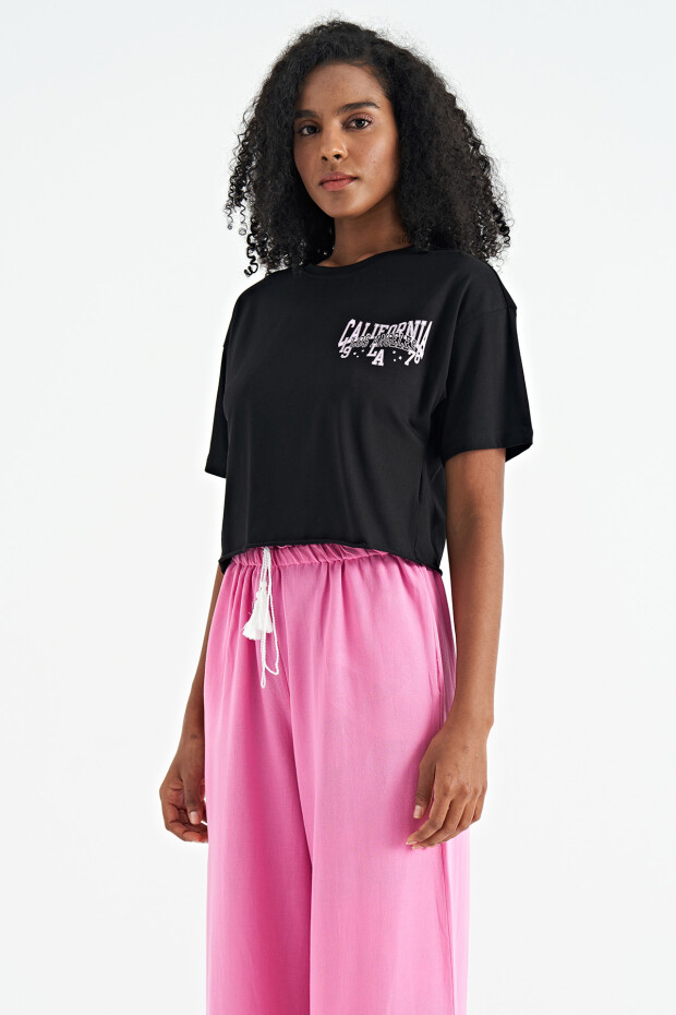 Siyah Baskılı Düşük Kol Detaylı Oversize Kadın Crop T-Shirt - 02179