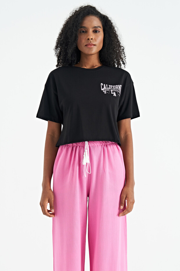 Siyah Baskılı Düşük Kol Detaylı Oversize Kadın Crop T-Shirt - 02179
