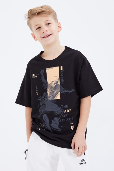 Siyah Baskılı Kısa Kollu O Yaka Erkek Çocuk T-Shirt - 10912 