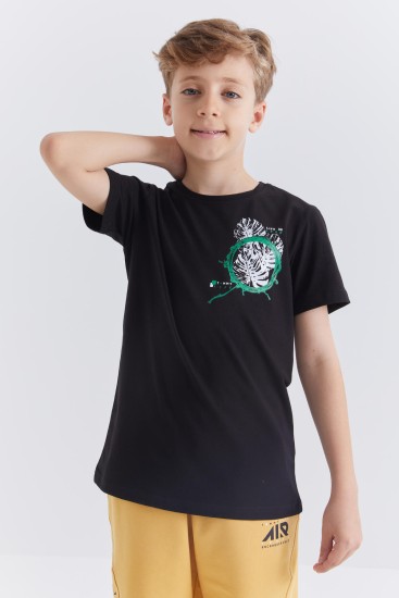 Siyah Baskılı O Yaka Kısa Kollu Standart Kalıp Erkek Çocuk T-Shirt - 10867 