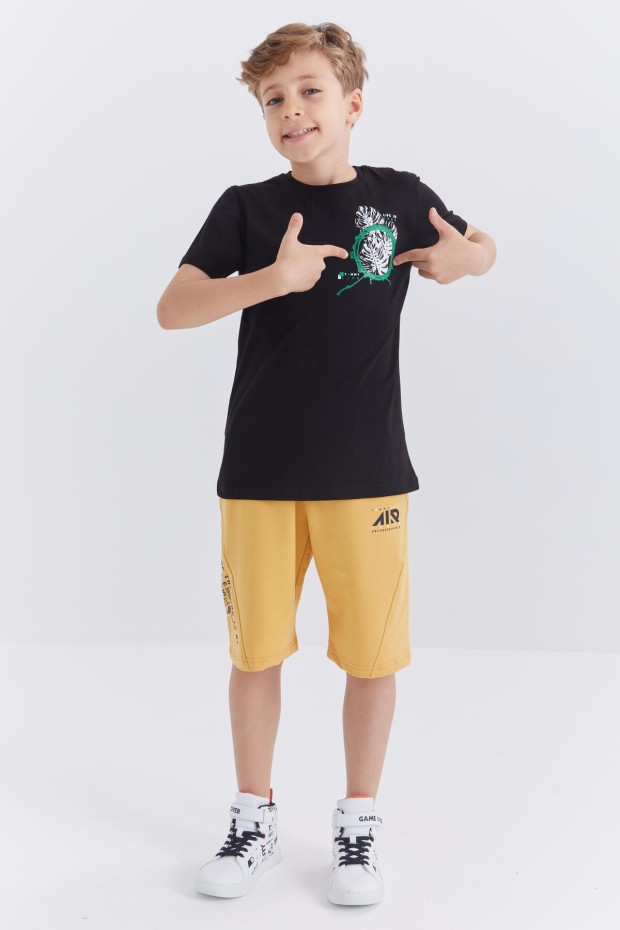 Siyah Baskılı O Yaka Kısa Kollu Standart Kalıp Erkek Çocuk T-Shirt - 10867 - 2