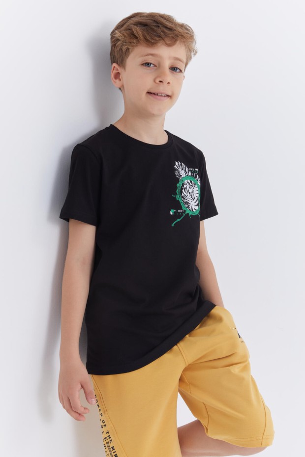 Siyah Baskılı O Yaka Kısa Kollu Standart Kalıp Erkek Çocuk T-Shirt - 10867 - 3