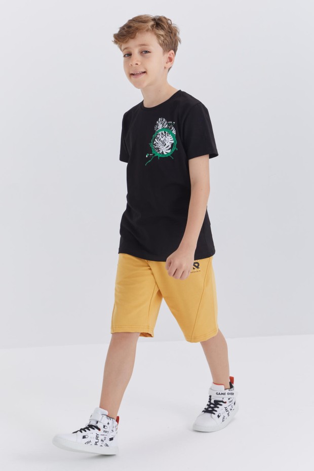 Siyah Baskılı O Yaka Kısa Kollu Standart Kalıp Erkek Çocuk T-Shirt - 10867 - 4