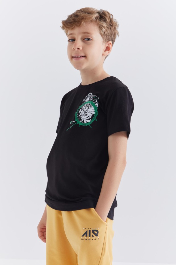 Siyah Baskılı O Yaka Kısa Kollu Standart Kalıp Erkek Çocuk T-Shirt - 10867 - 5