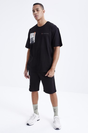 Siyah Baskılı O Yaka Oversize Bermuda Erkek Şort Takım - 85165 