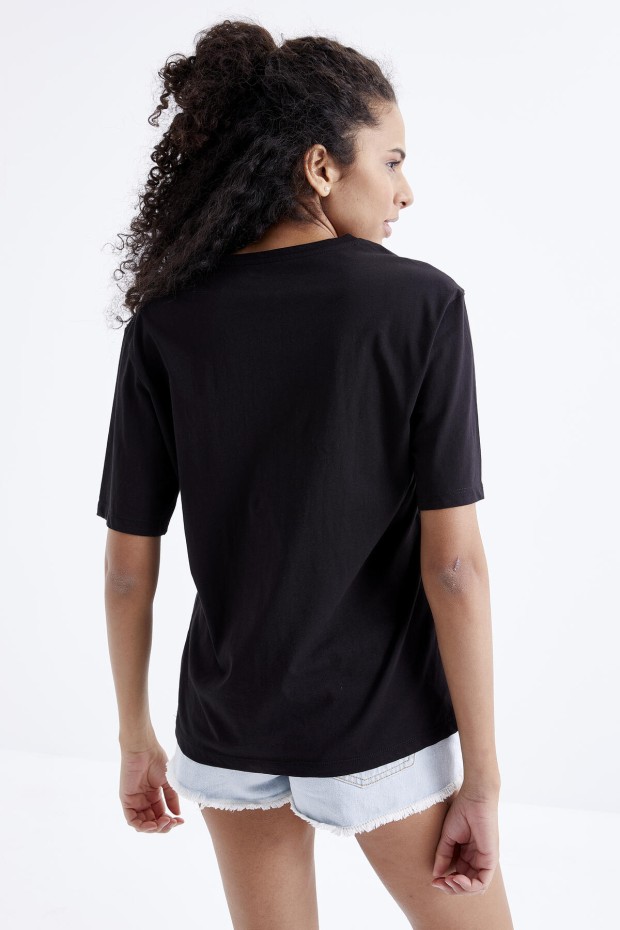 Siyah Baskılı O Yaka Oversize Kadın T-Shirt - 97210