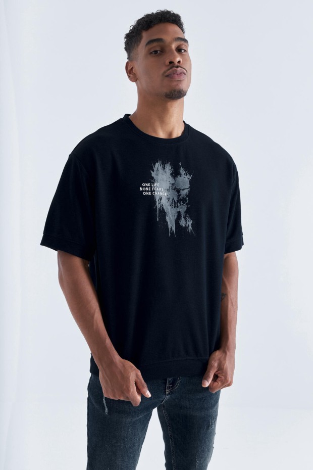 Siyah Baskılı Yazı Nakışlı O Yaka Erkek Oversize T-Shirt - 88105