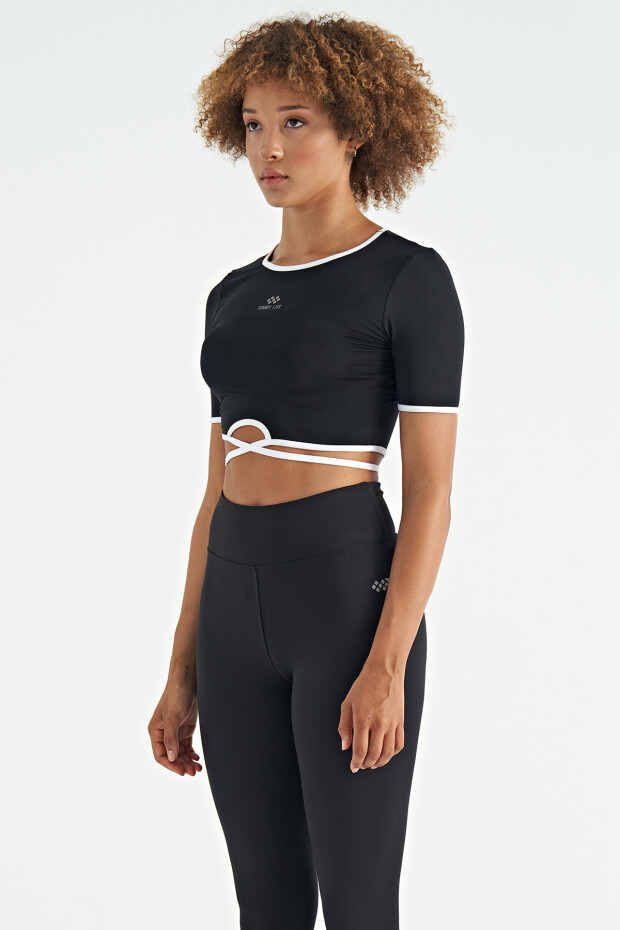 Siyah Bel Bağlama Detaylı O Yaka Standart Kalıp Dalgıç Kumaş Kadın Crop T-Shirt - 97266 - 5