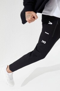 Siyah - Beyaz Air Baskılı Fermuar Cepli Slim Fit Dar Paça Erkek Eşofman Alt - 84781