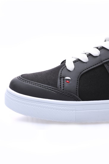 Siyah - Beyaz Bağcıklı Suni Deri Detaylı Erkek Spor Ayakkabı - 89065 - Thumbnail