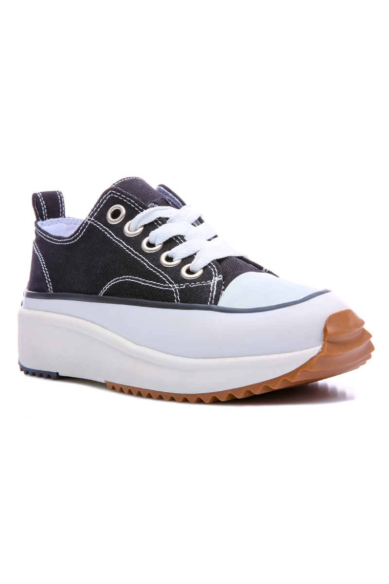 Siyah - Beyaz Bağcıklı Yüksek Taban Günlük Kadın Spor Ayakkabı - 89070