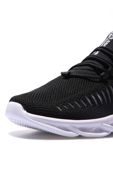 Siyah - Beyaz Fileli Lastik Bağcıklı Yüksek Taban Erkek Spor Ayakkabı - 89060 - Thumbnail
