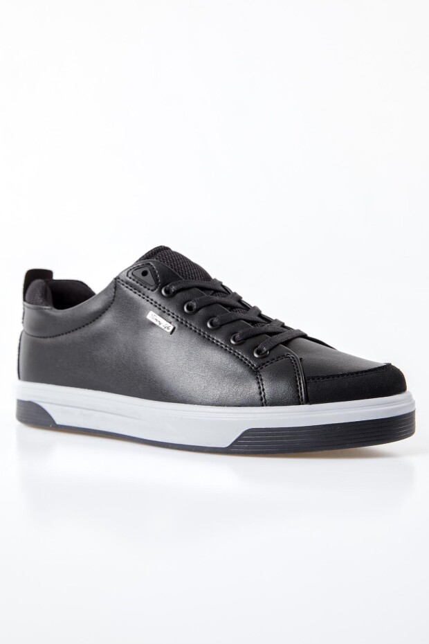 Siyah - Beyaz Süet Detaylı Bağcıklı Suni Deri Erkek Spor Ayakkabı - 89118