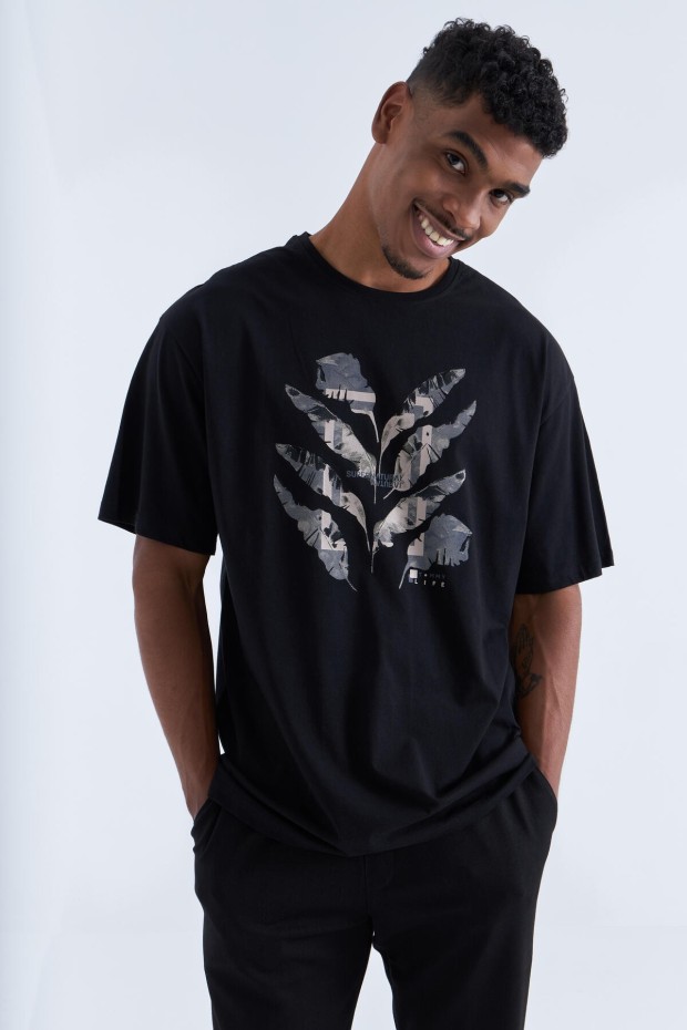 Siyah Büyük Baskılı O Yaka Erkek Oversize T-Shirt - 88092