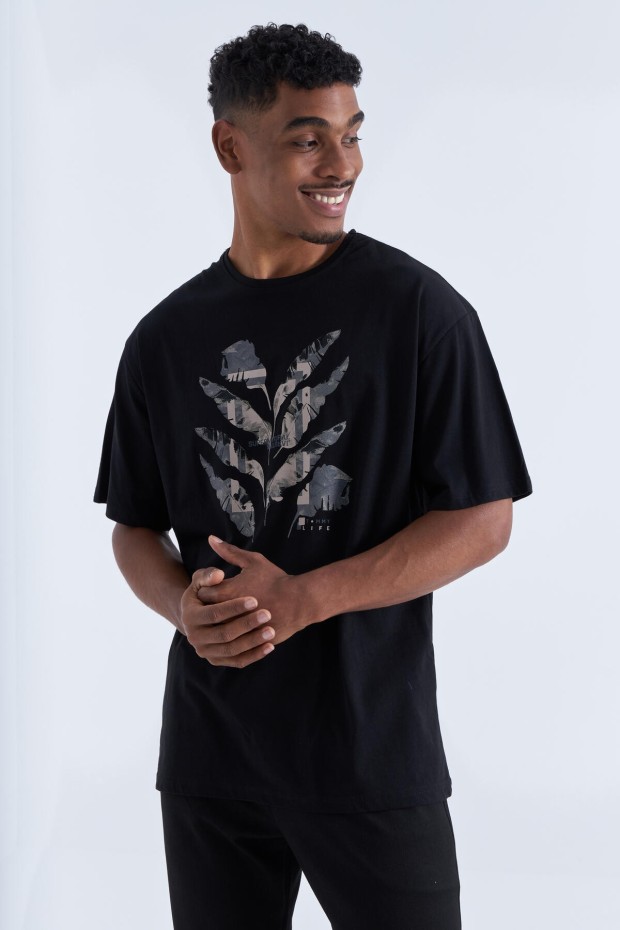 Siyah Büyük Baskılı O Yaka Erkek Oversize T-Shirt - 88092