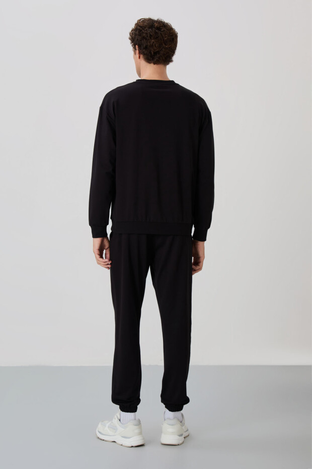 Siyah Casual O Yaka Lastik Paça Pamuklu Erkek Oversize Eşofman Takımı - 85120 - 7