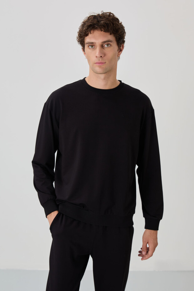 Siyah Casual O Yaka Lastik Paça Pamuklu Erkek Oversize Eşofman Takımı - 85120 - 2