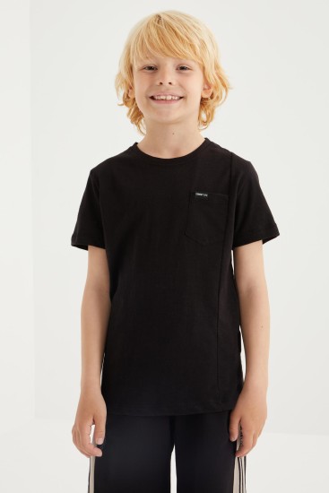Siyah Cep Detaylı Basic Kısa Kol O Yaka Erkek Çocuk T-Shirt - 10857 