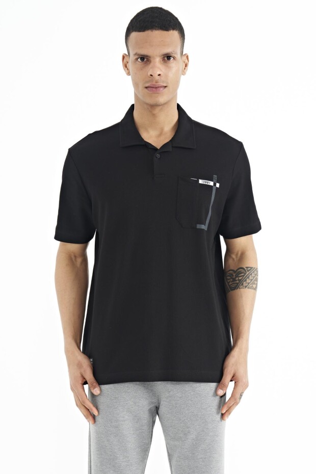 Siyah Cep Detaylı Baskılı Standart Kalıp Polo Yaka Erkek T-Shirt - 88241