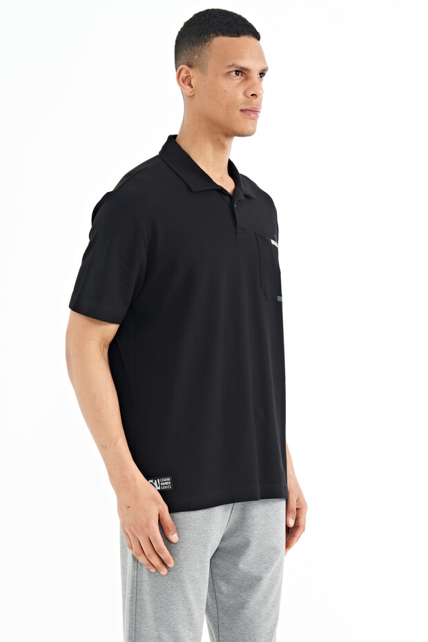 Siyah Cep Detaylı Baskılı Standart Kalıp Polo Yaka Erkek T-Shirt - 88241