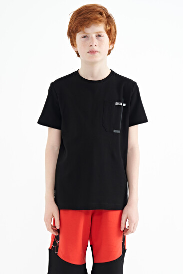 Siyah Cep Detaylı O Yaka Standart Kalıp Erkek Çocuk T-Shirt - 11120 