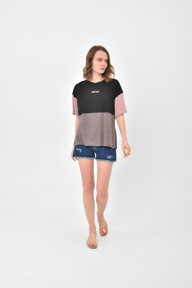 Siyah Çok Renkli O Yaka Oversize Kadın Basic T-Shirt - 02309